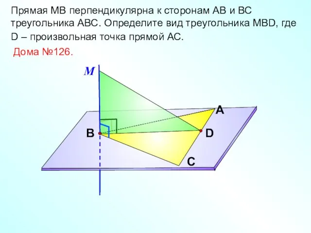 Прямая МВ перпендикулярна к сторонам АВ и ВС треугольника АВС. Определите вид