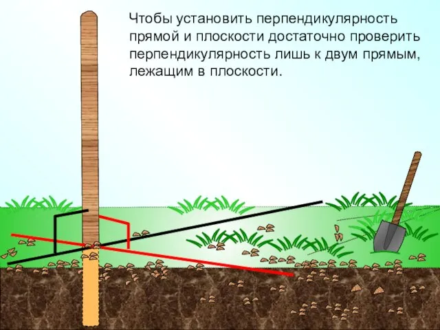 Чтобы установить перпендикулярность прямой и плоскости достаточно проверить перпендикулярность лишь к двум прямым, лежащим в плоскости.