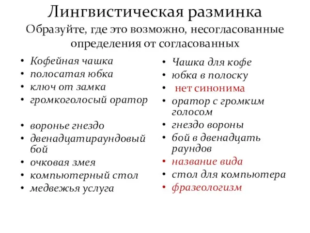 Лингвистическая разминка Образуйте, где это возможно, несогласованные определения от согласованных Кофейная чашка