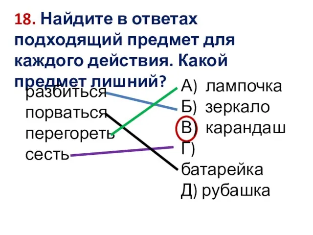 18. Найдите в ответах подходящий предмет для каждого действия. Какой предмет лишний?