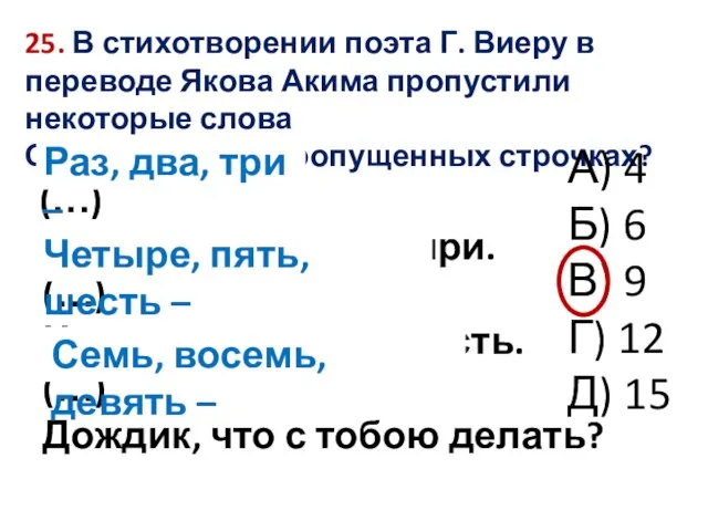 25. В стихотворении поэта Г. Виеру в переводе Якова Акима пропустили некоторые