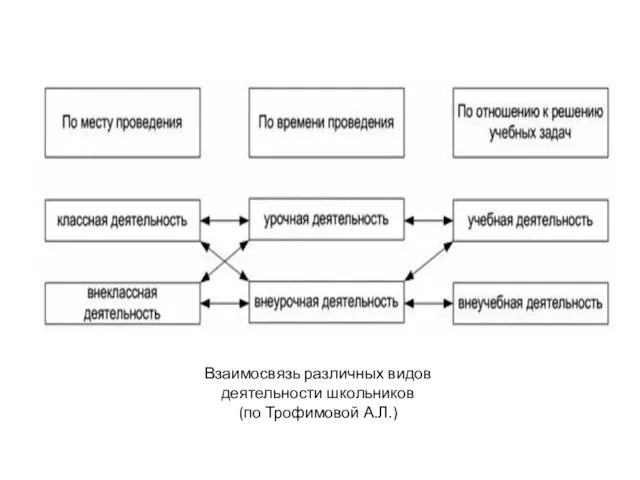Взаимосвязь различных видов деятельности школьников (по Трофимовой А.Л.)