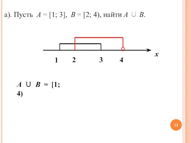 a). Пусть A = [1; 3], B = [2; 4), найти A