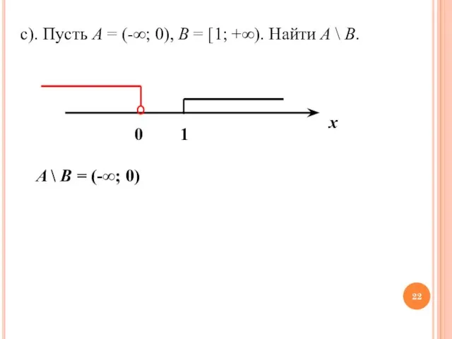 c). Пусть A = (-∞; 0), B = [1; +∞). Найти A