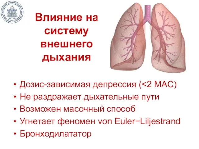 Влияние на систему внешнего дыхания Дозис-зависимая депрессия ( Не раздражает дыхательные пути
