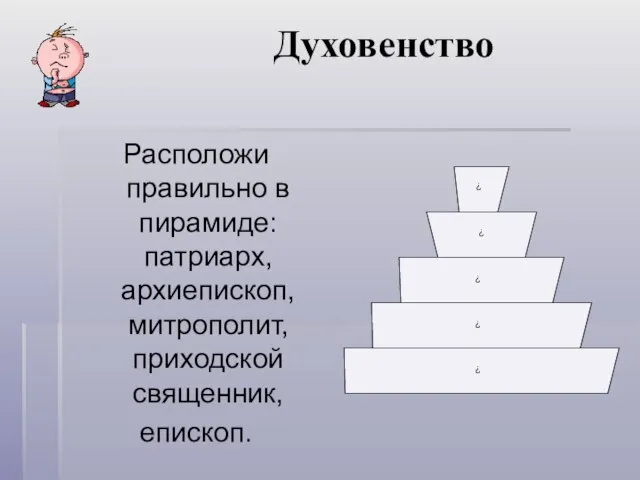 Духовенство Расположи правильно в пирамиде: патриарх, архиепископ, митрополит, приходской священник, епископ.