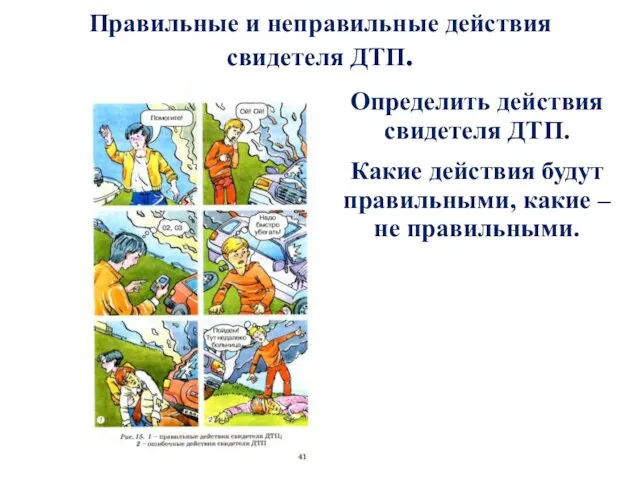 Определить действия свидетеля ДТП. Какие действия будут правильными, какие –не правильными. Правильные