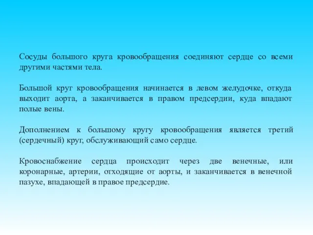 Сосуды большого круга кровообращения соединяют сердце со всеми другими частями тела. Большой