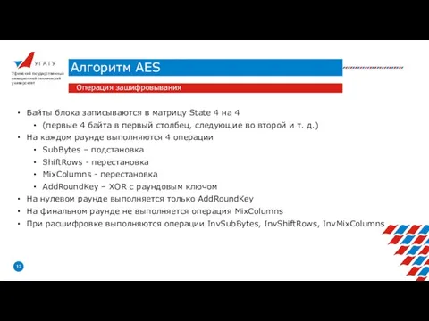 У Г А Т У Алгоритм AES Уфимский государственный авиационный технический университет