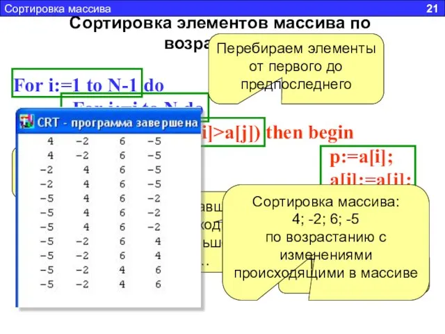 Сортировка элементов массива по возрастанию For i:=1 to N-1 do For j:=i