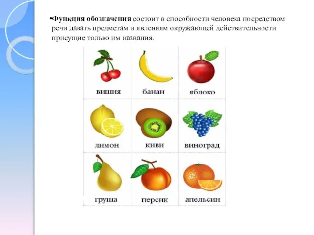 Функция обозначения состоит в способности человека посредством речи давать предметам и явлениям