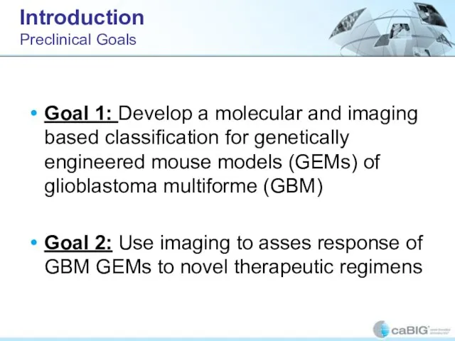 Introduction Preclinical Goals Goal 1: Develop a molecular and imaging based classification