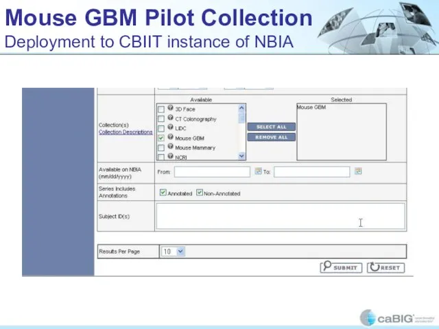 Mouse GBM Pilot Collection Deployment to CBIIT instance of NBIA