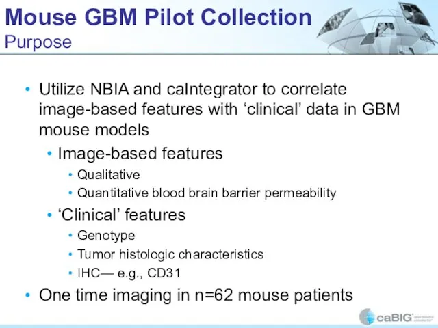 Mouse GBM Pilot Collection Purpose Utilize NBIA and caIntegrator to correlate image-based