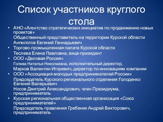 Список участников круглого стола АНО «Агентство стратегических инициатив по продвижению новых проектов»