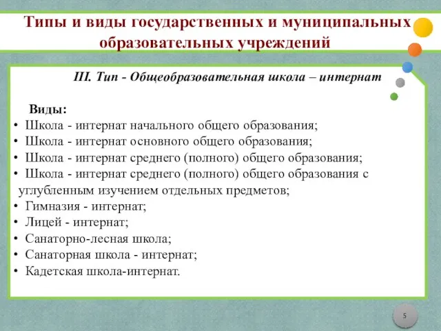 Типы и виды государственных и муниципальных образовательных учреждений III. Тип - Общеобразовательная