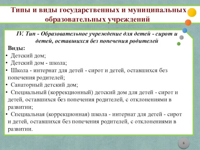 Типы и виды государственных и муниципальных образовательных учреждений IV. Тип - Образовательное