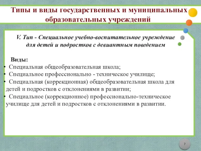 Типы и виды государственных и муниципальных образовательных учреждений V. Тип - Специальное