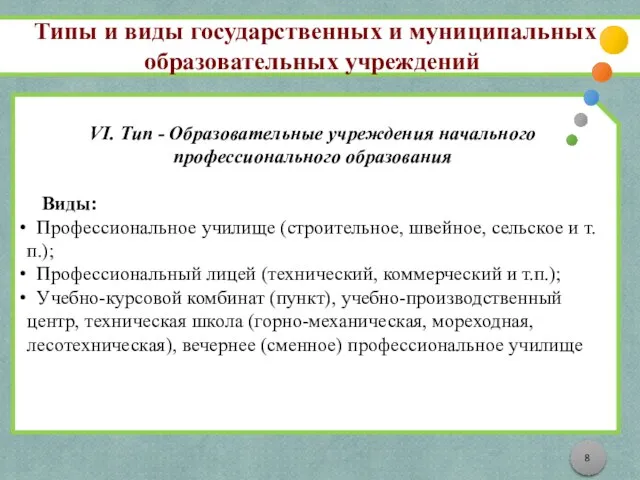 Типы и виды государственных и муниципальных образовательных учреждений VI. Тип - Образовательные