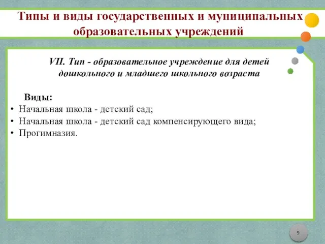 Типы и виды государственных и муниципальных образовательных учреждений VII. Тип - образовательное