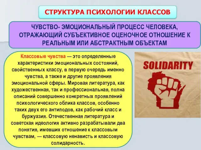 СТРУКТУРА ПСИХОЛОГИИ КЛАССОВ Классовые чувства — это определенные характеристики эмоциональных состояний, свойственных