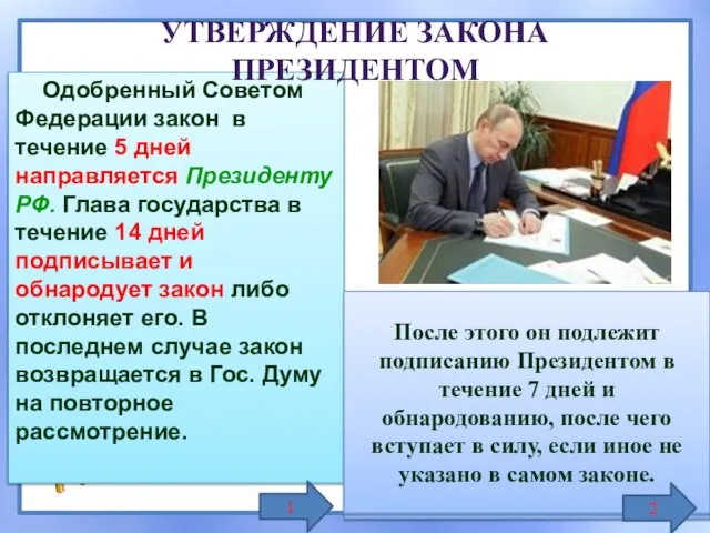 Одобренный Советом Федерации закон в течение 5 дней направляется Президенту РФ. Глава