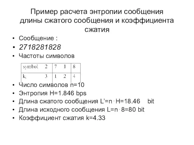 Пример расчета энтропии сообщения длины сжатого сообщения и коэффициента сжатия Сообщение :