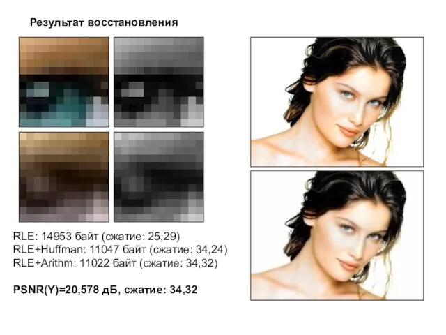 Результат восстановления RLE: 14953 байт (сжатие: 25,29) RLE+Huffman: 11047 байт (сжатие: 34,24)