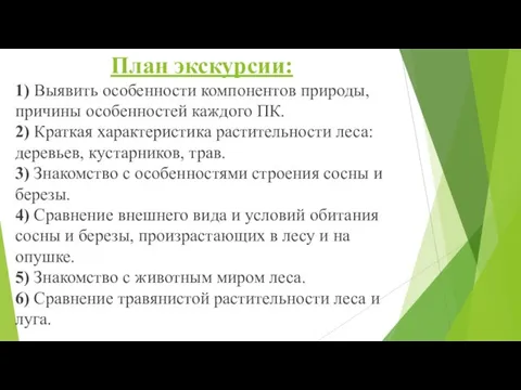 План экскурсии: 1) Выявить особенности компонентов природы, причины особенностей каждого ПК. 2)