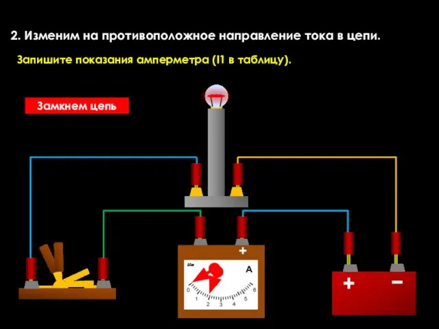 2. Изменим на противоположное направление тока в цепи. Запишите показания амперметра (I1 в таблицу). Замкнем цепь