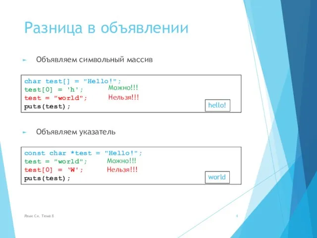 Разница в объявлении Объявляем символьный массив Язык Си. Тема 8 char test[]