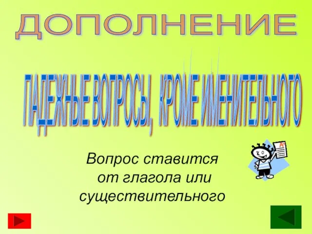 ДОПОЛНЕНИЕ ПАДЕЖНЫЕ ВОПРОСЫ, КРОМЕ ИМЕНИТЕЛЬНОГО Вопрос ставится от глагола или существительного