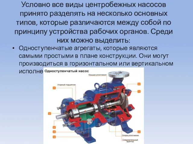 Условно все виды центробежных насосов принято разделять на несколько основных типов, которые