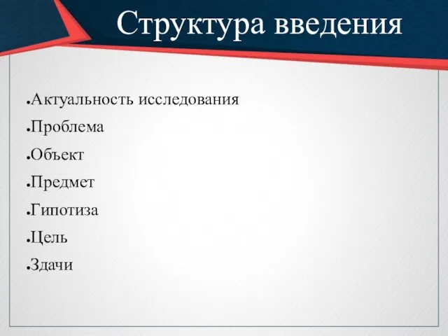 Структура введения Актуальность исследования Проблема Объект Предмет Гипотиза Цель Здачи