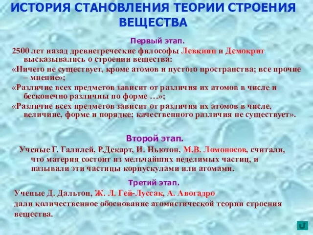 ИСТОРИЯ СТАНОВЛЕНИЯ ТЕОРИИ СТРОЕНИЯ ВЕЩЕСТВА Первый этап. 2500 лет назад древнегреческие философы