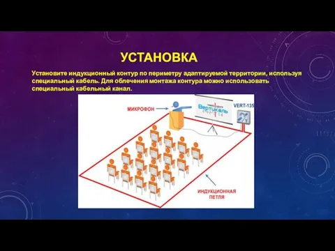 УСТАНОВКА Установите индукционный контур по периметру адаптируемой территории, используя специальный кабель. Для