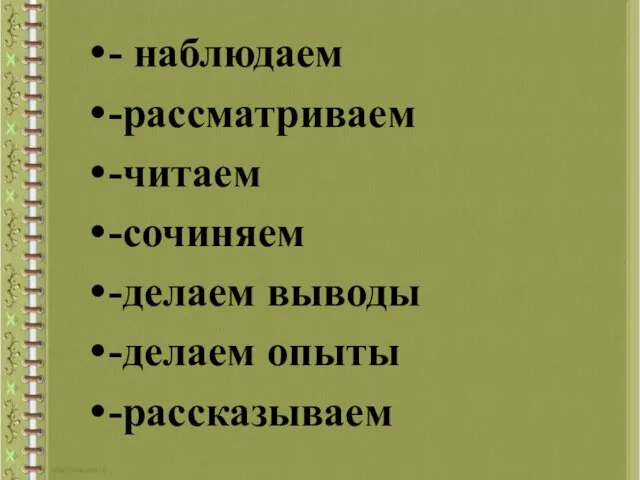 - наблюдаем -рассматриваем -читаем -сочиняем -делаем выводы -делаем опыты -рассказываем