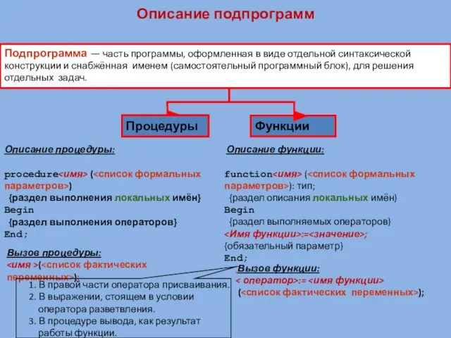 Функции Подпрограмма — часть программы, оформленная в виде отдельной синтаксической конструкции и