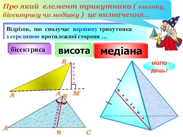 висота бісектриса молодець! Відрізок, що сполучає вершину трикутника з серединою протилежної сторони