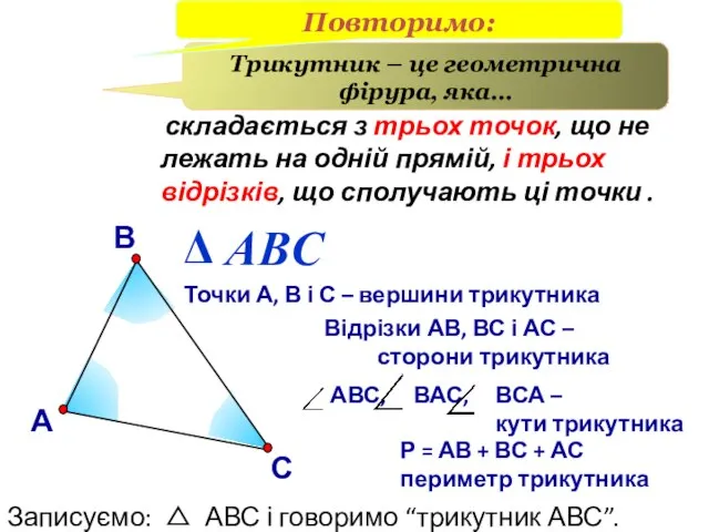 В А С Точки А, В і С – вершини трикутника Відрізки