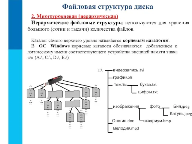 Файловая структура диска 2. Многоуровневая (иерархическая) Иерархические файловые структуры используются для хранения