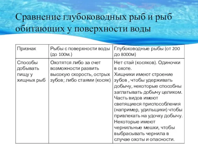 Сравнение глубоководных рыб и рыб обитающих у поверхности воды