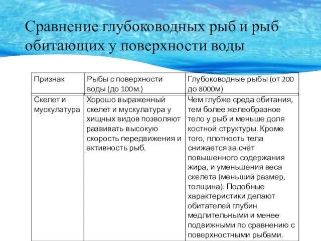 Сравнение глубоководных рыб и рыб обитающих у поверхности воды