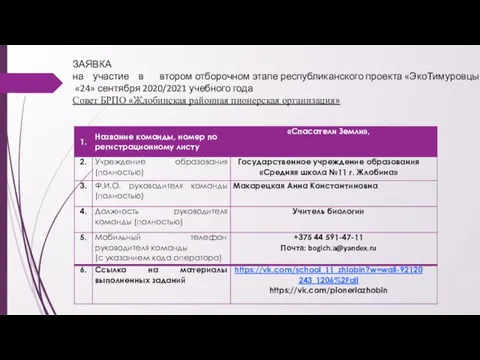 ЗАЯВКА на участие в втором отборочном этапе республиканского проекта «ЭкоТимуровцы» «24» сентября