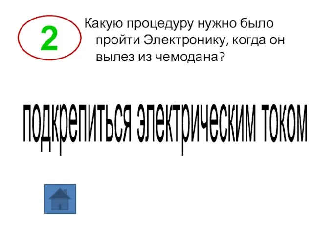 2 Какую процедуру нужно было пройти Электронику, когда он вылез из чемодана? подкрепиться электрическим током