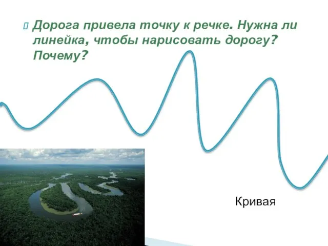 Дорога привела точку к речке. Нужна ли линейка, чтобы нарисовать дорогу? Почему? Кривая