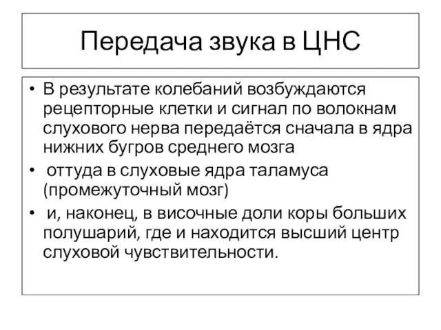 Передача звука в ЦНС В результате колебаний возбуждаются рецепторные клетки и сигнал