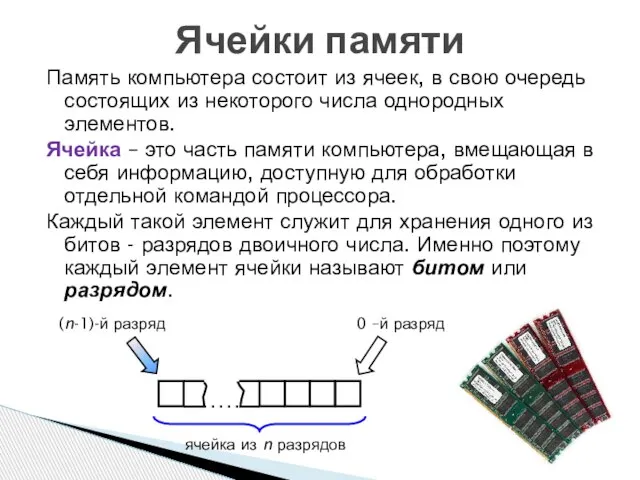 Память компьютера состоит из ячеек, в свою очередь состоящих из некоторого числа