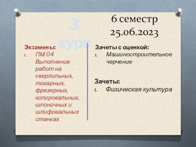 6 семестр 25.06.2023 3 курс Зачеты с оценкой: Машиностроительное черчение Экзамены: ПМ.04