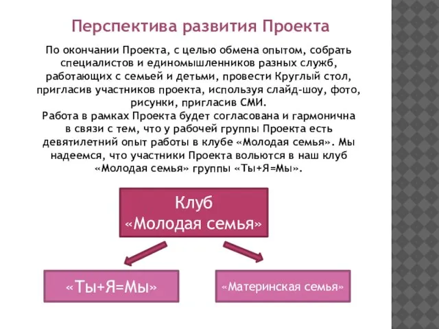 Перспектива развития Проекта По окончании Проекта, с целью обмена опытом, собрать специалистов